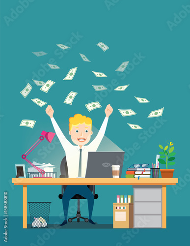 Happy businessman looking at the computer laptop. Success man with arms up sitting in an office chair under money rain banknotes falling.