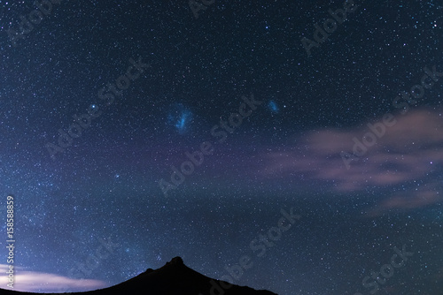 The starry sky and magellanic clouds captured Karoo National Park, South Africa, in winter.