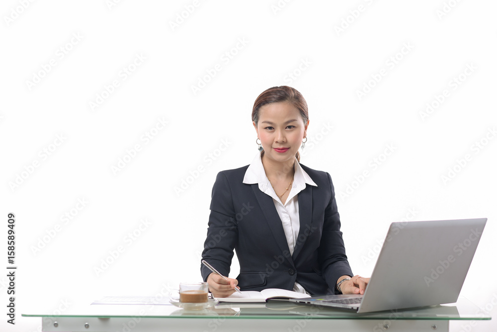 Business People woman Using Laptop At Desk,White Background. Business People woman Using Laptop At Desk,White Background.