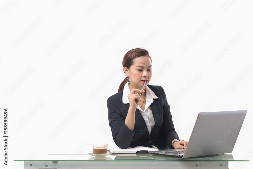 Business People woman Using Laptop At Desk,White Background. Business People woman Using Laptop At Desk,White Background.