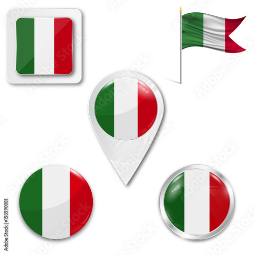 Set of icons of the national flag of Italy in different designs on a white background. Realistic vector illustration. Button, pointer and checkbox.