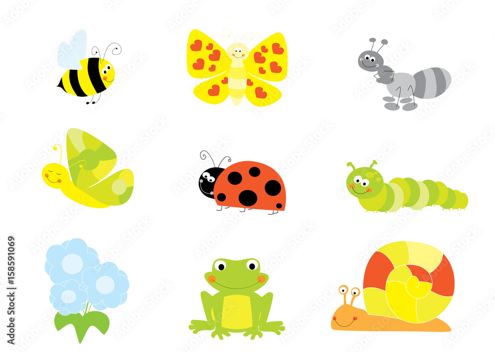 Cartoon insects, bugs and small animals set/ vector illustration for children