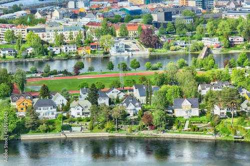 Summer in the norwegian city Trondheim. Aerial view of the river Nidelva.
