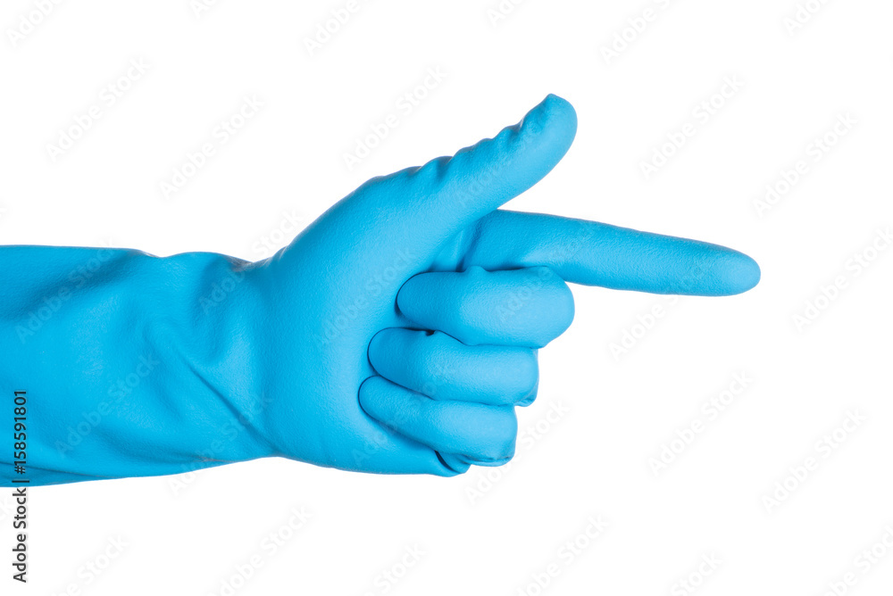 scientist hand in blue glove isolated on white background