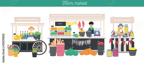 Horizontal advertising banner on farm market theme, organic food. Different vendors, local shop. Farmers sell fresh products, vegetables, fruits, bread, drink. Colorful vector illustration.
