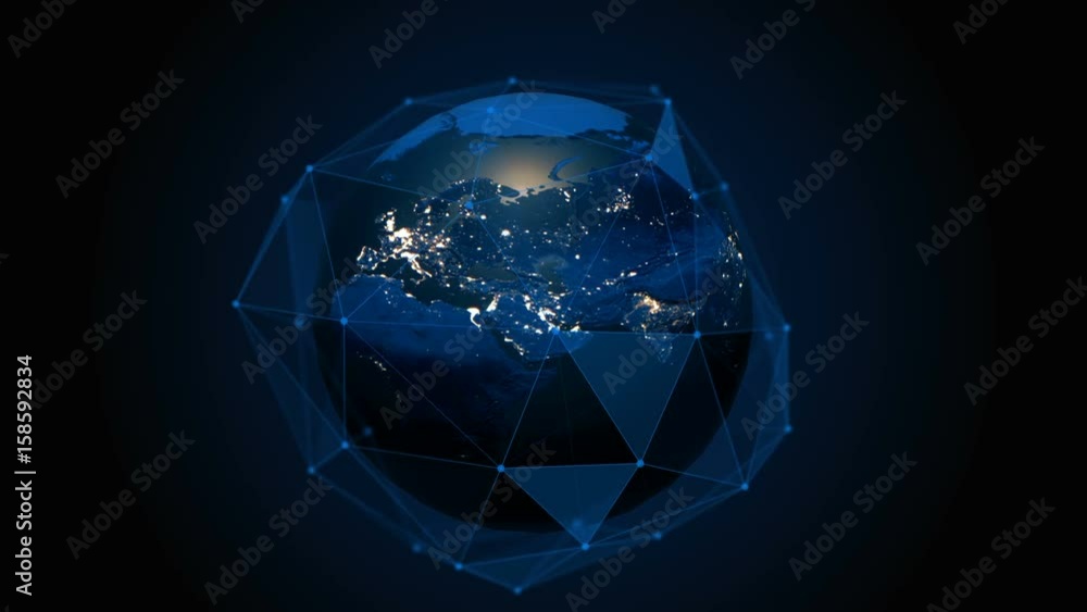 A realistic globe at night. Rotating Earth with beautiful plexus. Technology, business, transportation, communications and social networking A realistic globe at night. Rotating Earth with beautiful plexus. Technology, business, transportation, communications and social networking