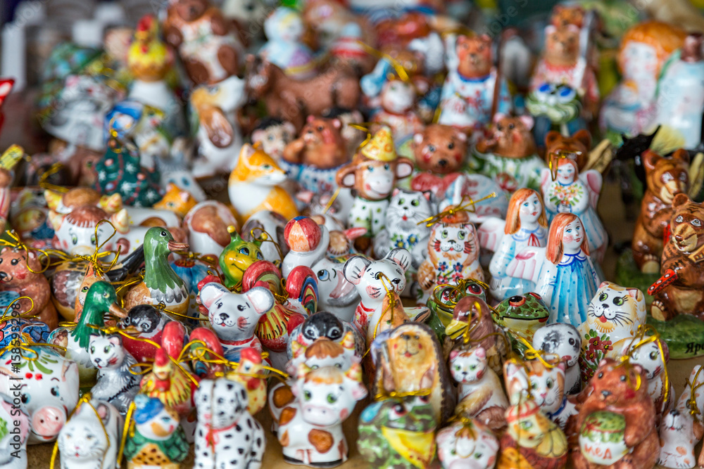 Traditional russian handmade souvenirs from clay and ceramics
