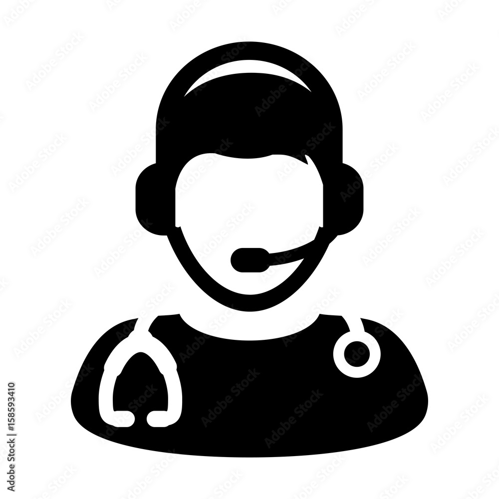 Obraz premium Doctor Icon Vector Symbol With Online Support Wearing Headphone For Contacting Physician Consultation Specialist Avatar In Glyph Pictogram illustration