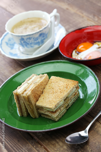 kaya jam toast with a cup of white coffee, singaporean malaysian breakfast