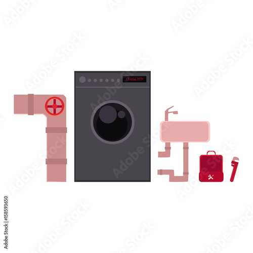 Plumber tools, objects of plumbing - sewer pipe, wash bowl, washing machine, cartoon vector illustration isolated on white background. Toolbox, wrench, sink, washing machine, sewage - plumbing objects