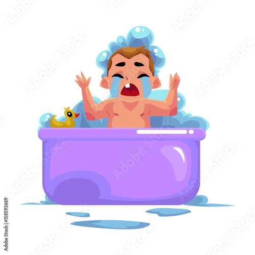 Cute little baby kid, infant, child crying in foam bath, unwilling to wash, cartoon vector illustration isolated on white background. Little caucasian kid, baby, infant crying sadly in foam bath