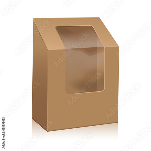 Vector Brown Blank Cardboard Triangle Box. Take Away Boxes Packaging Mock up For Sandwich, Food, Present, Other Products with Plastic Window