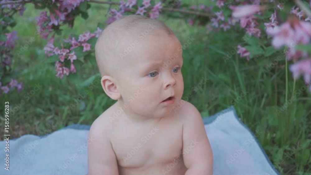 A happy baby eating an orange in the nature . A happy baby eating an orange in the nature .