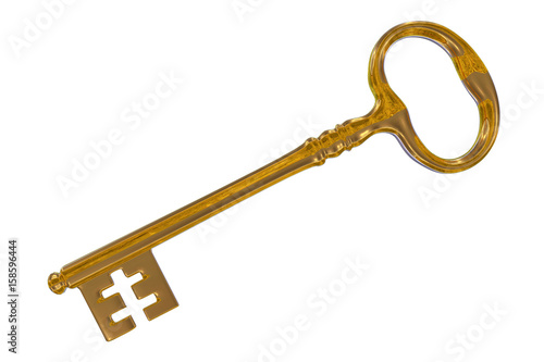 3D rendering of a vintage golden key on white
