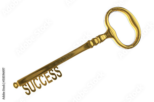 3D rendering of a vintage golden key with success on white