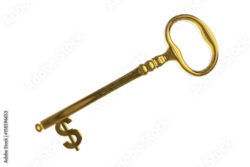 3D rendering of a vintage golden key with money sign