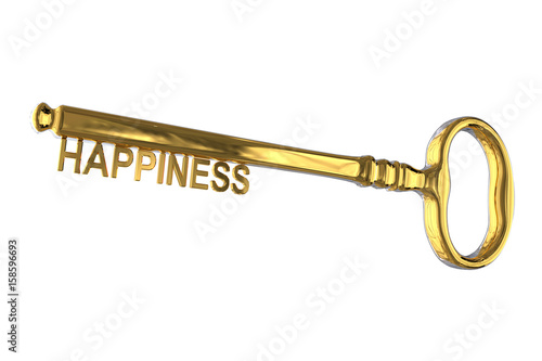 3D rendering of a vintage golden key with happiness