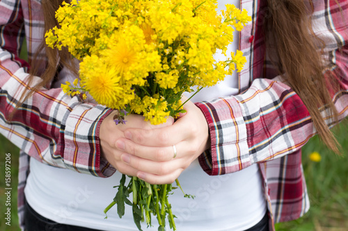Girl, hands, ring, wild flowers