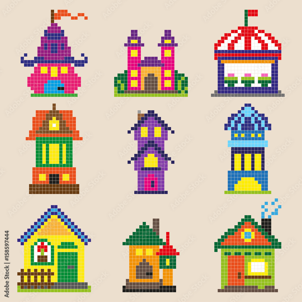 Set of different pixel toy houses. Vector illustration