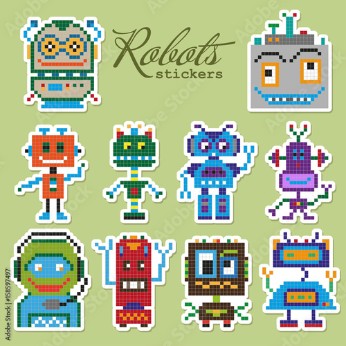 Colorful pixel patch badges with fantastic robot. Vector illustration