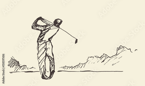 Szkic człowieka uderzającego piłeczkę golfową ilustracji wektorowych