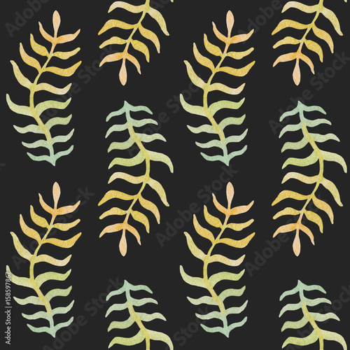 Hand drawn watercolor gold twig seamless pattern on the dark background