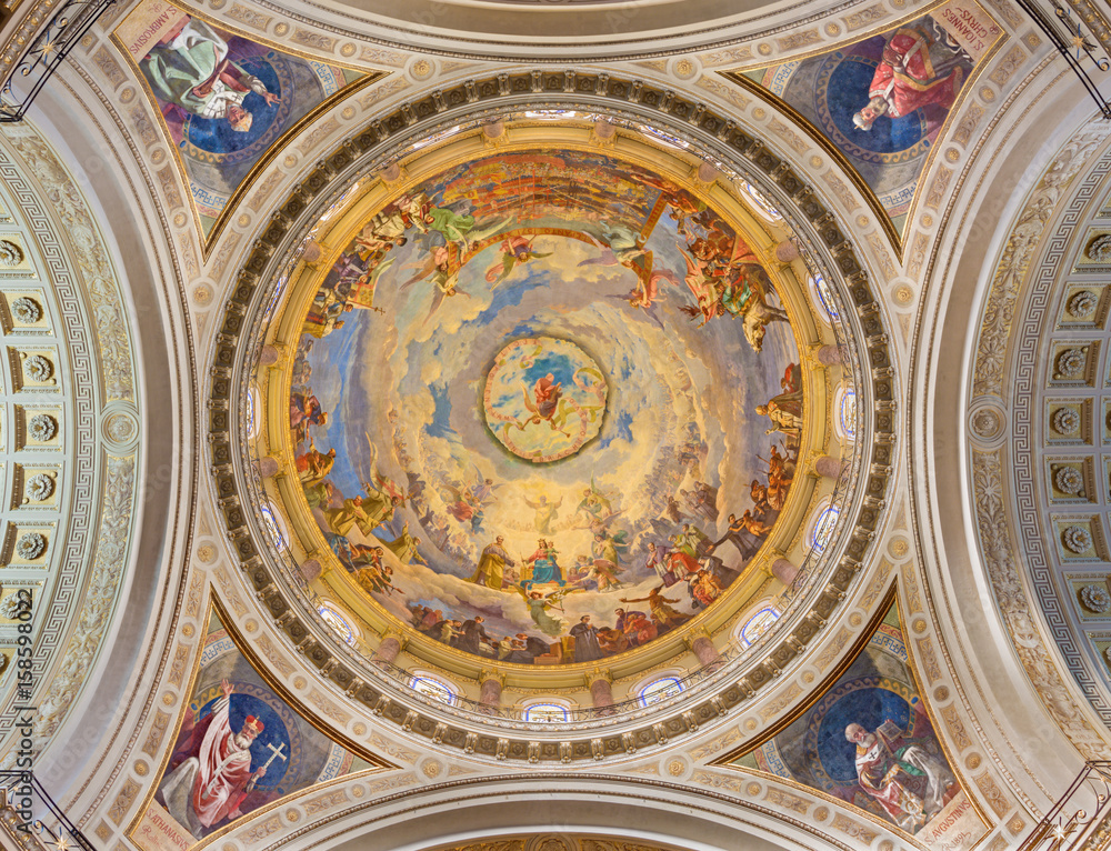 TURIN, ITALY - MARCH 15, 2017: The cupola with the fresco of Battle of Lepanto in 1571 in and Mary Help of Christians in cupola of church Basilica Maria Ausiliatrice by Giuseppe Rollini (1889 - 1891).