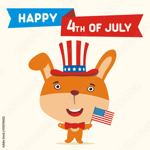 Happy 4th of july! Funny bunny rabbit with flag USA for independence day.  Greeting card for independence day USA with cartoon bunny rabbit. Stock  Vector | Adobe Stock