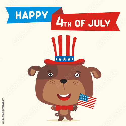Happy 4th of july! Funny puppy dog with flag USA for independence day. Greeting card for independence day USA with cartoon puppy dog.