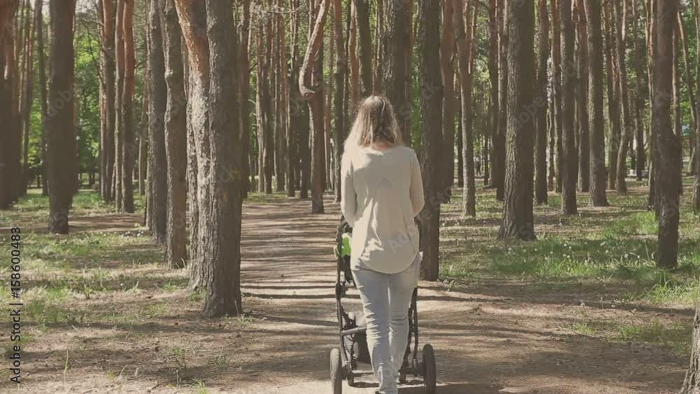 Beautiful woman walking with her little daughter and pushing stroller in park Beautiful woman walking with her little daughter and pushing stroller in park