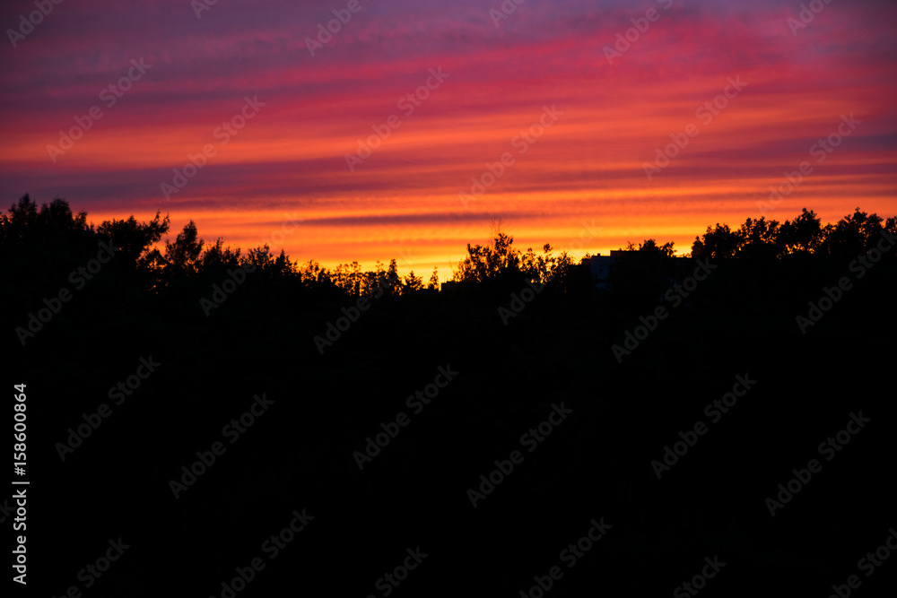 Bright sunset over the city of Khabarovsk