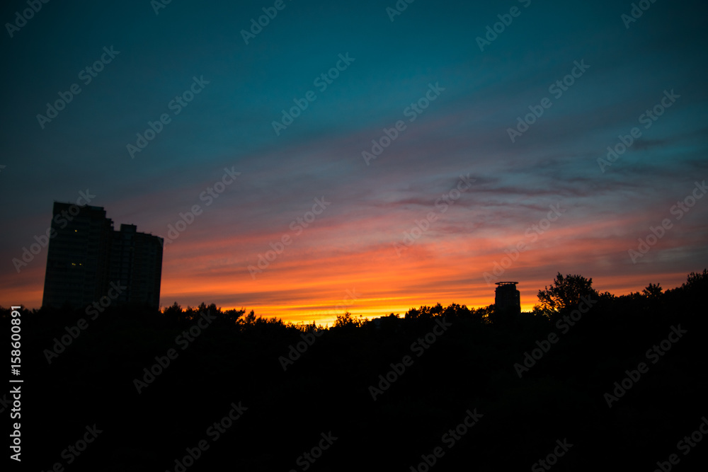Bright sunset over the city of Khabarovsk