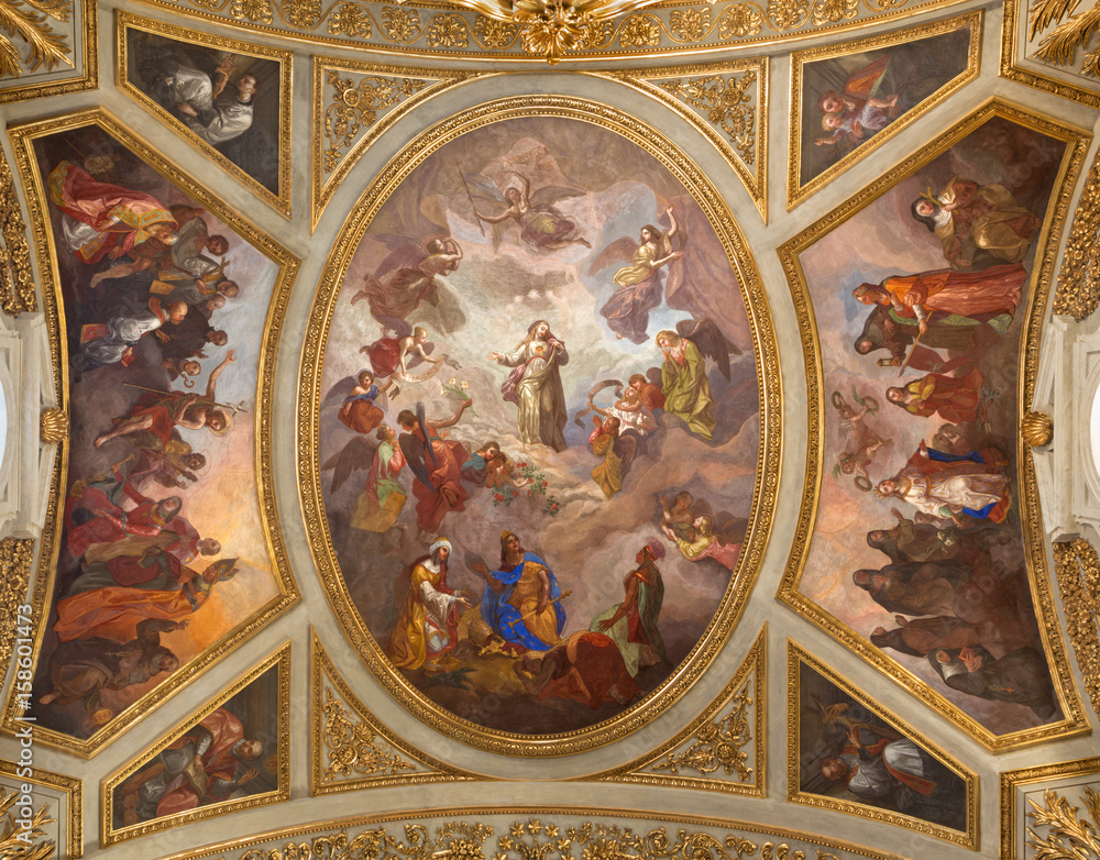 TURIN, ITALY - MARCH 14, 2017: The ceiling fresco of Virgin Mary in Glory in church Chiesa dei Santi Martiri by Pellegrino Tibaldi (1527 – 1596).