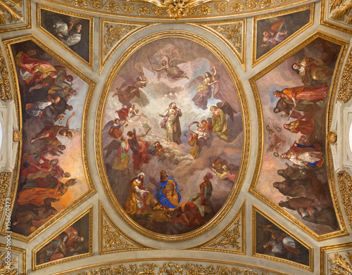 TURIN  ITALY - MARCH 14  2017  The ceiling fresco of Virgin Mary in Glory in church Chiesa dei Santi Martiri by Pellegrino Tibaldi  1527     1596 .