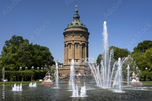 Germany, Baden-Wuerttemberg, Mannheim: Fountain and Water Tower on Friedrichsplatz square