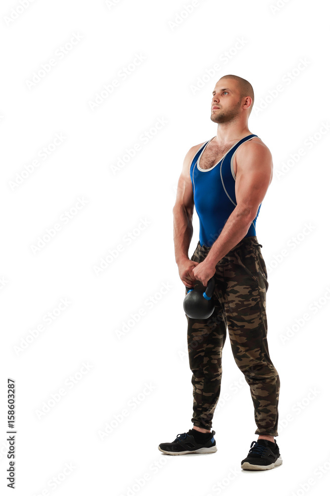Young sporty man in sportswear doing exercise with weight, hands in position at the bottom on white isolated background Young sporty man in sportswear doing exercise with weight, hands in position at the bottom on white isolated background