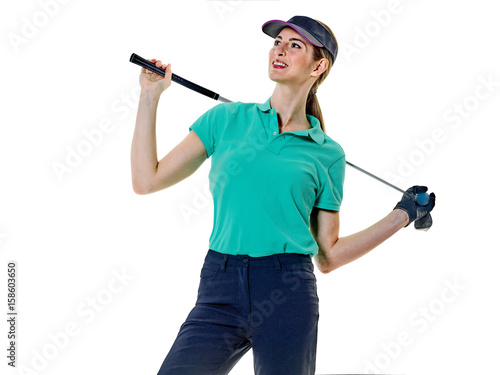 one caucasian woman woman golfer golfing in studio isolated on white background