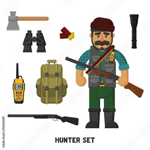 Hunting. A set of hunter items. Vector illustration, flat, cartoon style
