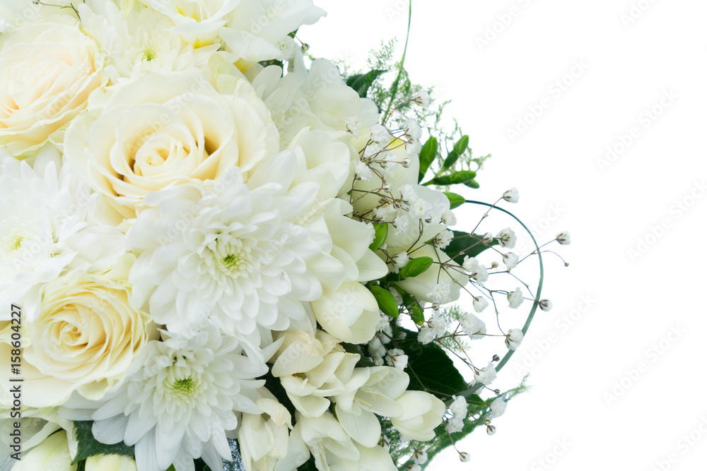 White wedding bouquet border with roses isoltaed on white background