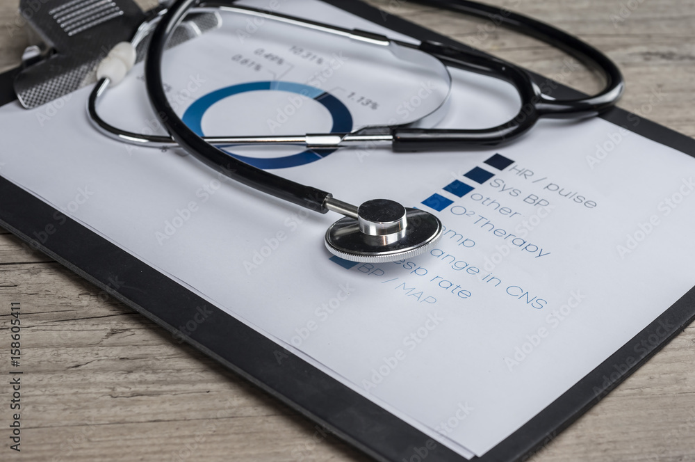 Stethoscope on health condition chart close up Stethoscope on health condition chart close up