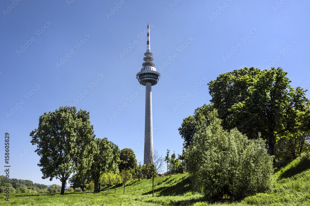 Germany, Baden-Wuerttemberg, Mannheim, near Neckar river: Telecommunication Tower with public park and blue sky