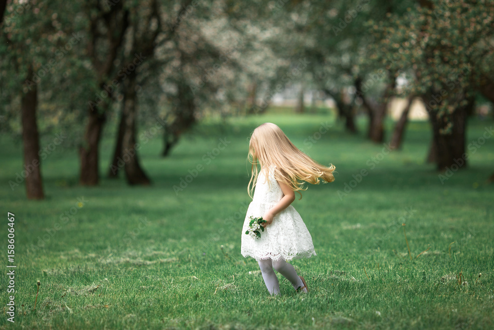 Little girl is walking in an apple garden Little girl is walking in an apple garden