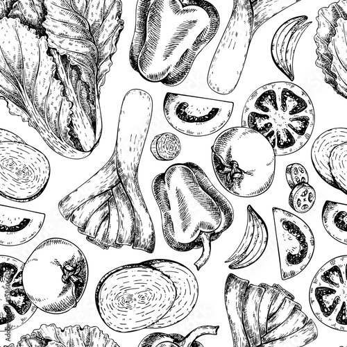 Vector hand drawn seamless pattern of chinese cabbage, leek, bell pepper, tomato, onion. Farm vegetables. Engraved art. Organic sketched objects.