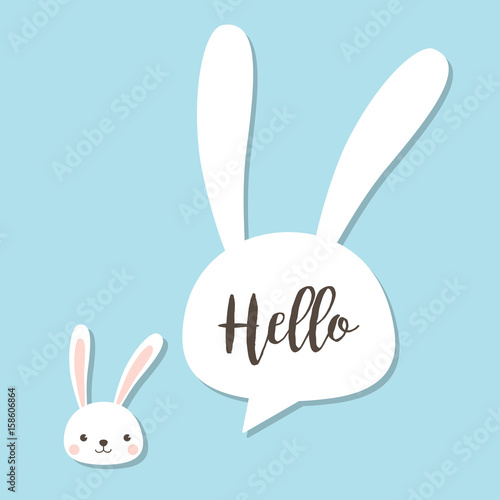 Happy Easter Bunny with Hello text in rabbit shape speech bubble. Vector illustration for Easter greeting card, invitation with white cute rabbit on sky blue background.
