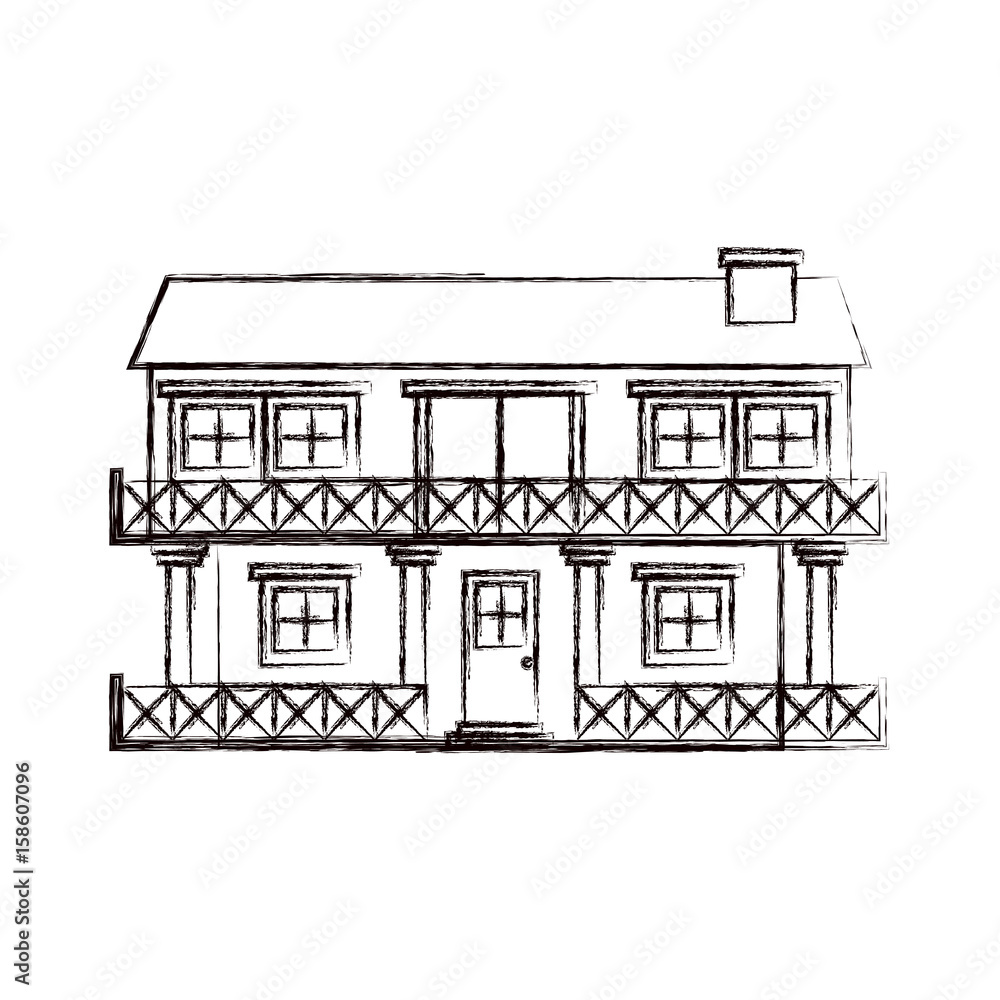 monochrome blurred silhouette facade house of two floors with balcony and chimney vector illustration