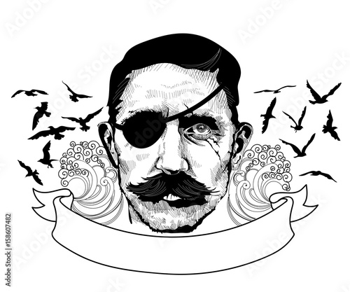 vector brutal sailor among the waves and gulls with a ribbon for text
