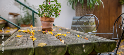 Gartentisch mit Herbstlaub