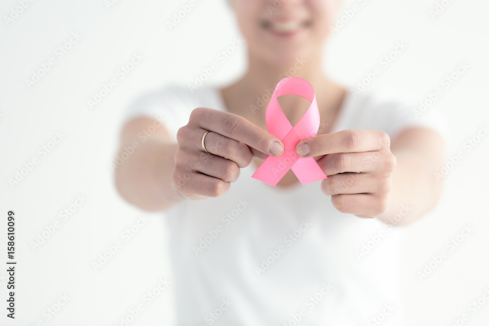 Wife holding a pink ribbon Wife holding a pink ribbon