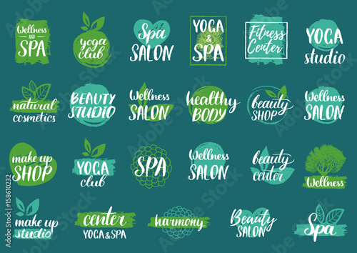 Vector health and beauty care labels. Spa, yoga centers badges. Wellness signs. Hand drawn tags and elements.