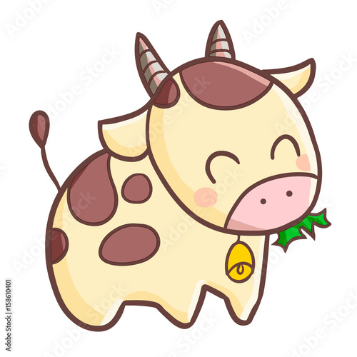 Cute and funny smiling cow eating grass - vector.